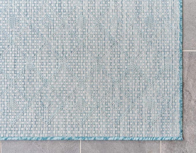 Unique Loom Outdoor Trellis Collection Area Rug - Tribal Trellis (9' x 12' Rectangle, Aqua/ Ivory)