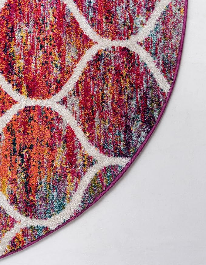 Rugs.com Lattice Frieze Collection Rug – 6' Round Multi Medium Rug Perfect for Kitchens, Dining Rooms