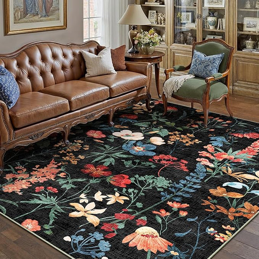 Black Area Rug 5x7 Floral Washable Living Room Kitchen Boho Carpet Non Slip Low Pile Indoor Accent Lightweight Soft Throw Rug for Bedroom Office Dining Room Nursery Farmhouse