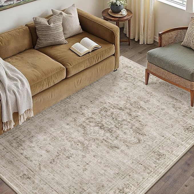 HUGEAR Washable 3x5 Area Rugs Retro Beige Living Room Bedroom Rug Vintage Distressed Non Slip Stain Resistant Low Pile Neutral Throw Carpet for Home Decor