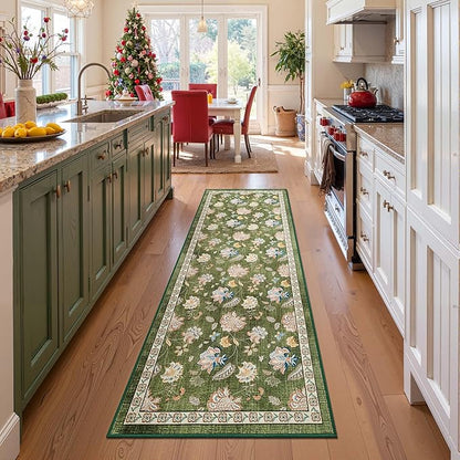 jinchan Elora 3x10 Floral Runner Rug for Hallway Washable Kitchen Runner Vintage Romance Design Non Slip Thin Indoor Floor Cover Low-Profile Throw Carpet for Entryway Bathroom Bedroom Porch, Green