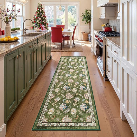 jinchan Elora 3x10 Floral Runner Rug for Hallway Washable Kitchen Runner Vintage Romance Design Non Slip Thin Indoor Floor Cover Low-Profile Throw Carpet for Entryway Bathroom Bedroom Porch, Green
