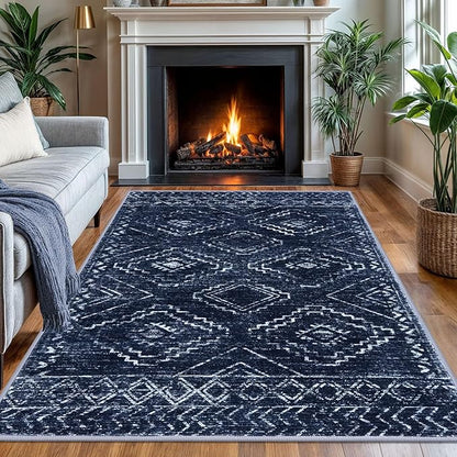 KILOCOCO Area Rug 4'x6' Entryway Rug Washable Bedroom Rugs Non Slip Printed Boho Low-Pile Rubber Backed Blue Soft Rugs for Kitchen Living Room Dining Geometric Moroccan Carpet, Dark Blue