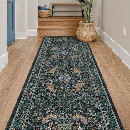 Botanical Bird 2x6 Entryway Rugs Indoor, Machine Washable Runner Rugs for Hallway, Blue and Teal Non Slip Mat for Bathroom, Bedroom Beside Bed, Kitchen, Stain Resistant Forest Green Décor