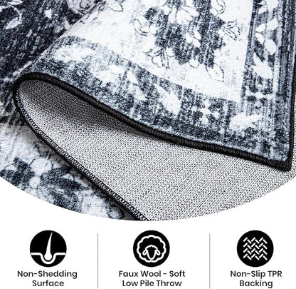 Area Rug 5x7, Washable Faux Wool Throw Rugs for Living Room, 0.3″ Non Slip Low Pile Vintage Boho Carpet for Ding Room, Home Office, Bedroom, Kids Room, Bedside (Black White)