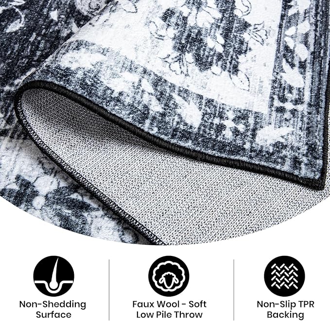 Area Rug for Living Room, 8x10 Machine Washable Non Slip Large Faux Wool Throw Rug, 0.3″ Low Pile & Non-Shedding Boho Large Carpet Rugs for for Dining Room, Bedroom, Office (Black White)