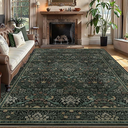 5x7 Floral Washable Area Rug for Living Room, Vintage Boho Large Rug for Bedroom Dining Room， Distressed Botanical Birds Non Slip Low Pile Forest Animal Throw Carpet for Farmhouse Office, Dark Green