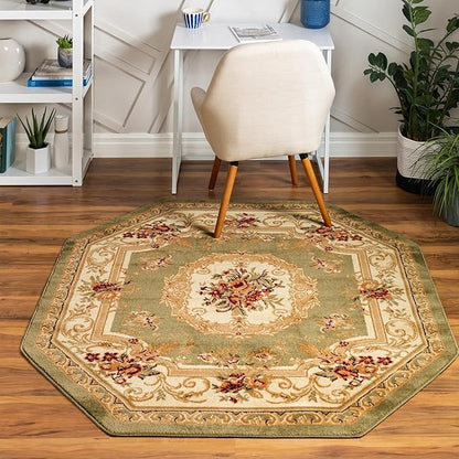 Rugs.com Chateau Collection Rug – 8' Octagon Green Medium Rug Perfect for Living Rooms, Kitchens, Entryways