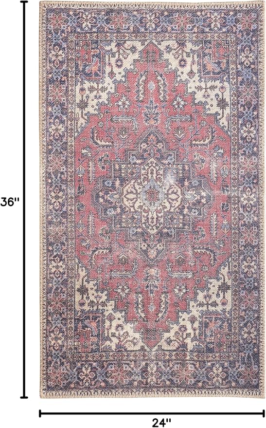 GLN Rugs Traditional Collection - Machine Washable Area Rug, Traditional Washable, Non Slip, Low Pile Chenille Rug, Living Room, Bedroom, Kitchen Rug (2' x 3' Multi Blue)
