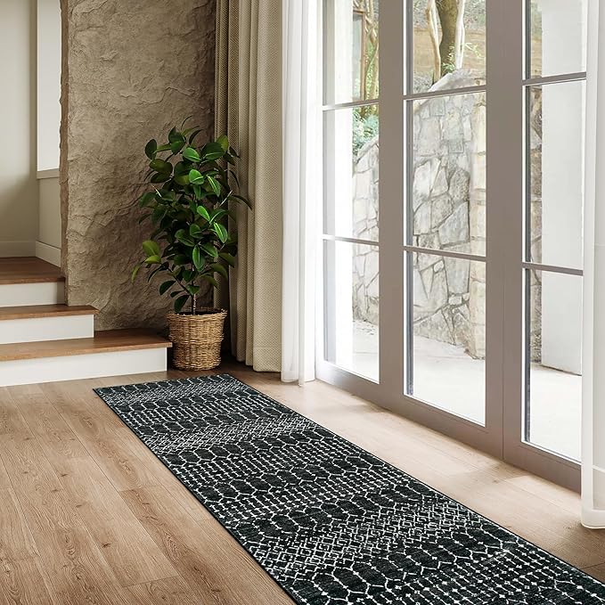 Lahome Moroccan Black Long Runner Washable Hallway Rug, Ultra-Thin Non Slip Kitchen Runner, Soft Modern Print Indoor Floor Carpet for Entryway Stair (Black, 2'5''x12'')