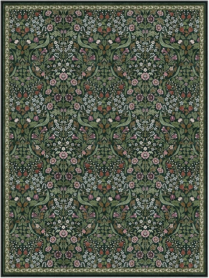 Lahome Floral Area Rugs 9x12 Living Room, Green Soft Bedroom Rugs Non Slip, Thin Dining Room Carpet, Non Shedding Print Carpets for Guestroom