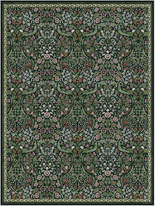 Lahome Floral Area Rugs 9x12 Living Room, Green Soft Bedroom Rugs Non Slip, Thin Dining Room Carpet, Non Shedding Print Carpets for Guestroom