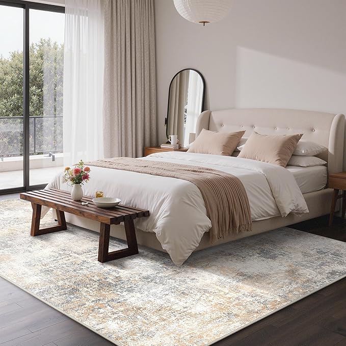 Bavni 6x9 Area Rugs Machine Washable Rug for Living Room, Modern Printed Rug Indoor Soft Area Rug for Bedroom Dining Room, Ultra-Thin Low Pile Carpet with Non Slip Rubber Backing, Beige Gray