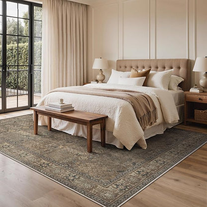 Bavni Washable Rugs 8x10-Machine Washable Rug Lightweight Low Pile, Vintage Floral Rug Non-Shedding Distressed Throw Carpet for Living Room Bedroom Office, Brown