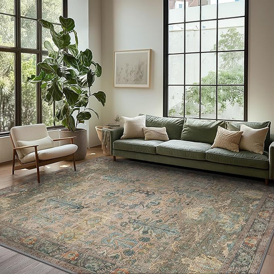 Bavni 8x10 Area Rugs for Living Room, Machine Washable Rug Lightweight Low Pile, Chenille Non Slip Rug Boho Print Decorative Carpet for Bedroom Dinner Room, Olive Green