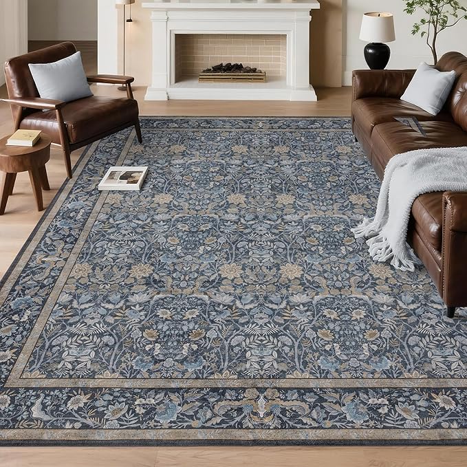Washable Living Room Rug: 6x9 Boho Floral Soft Area Rug for Bedroom Decor - Vintage Low Pile Thin Carpet for Dining Room Non-Slip - Farmhouse Stain Resistant Rugs - Slate Blue
