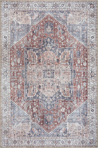 Bloom Rugs Washable Non-Slip 6' x 9' Rug - Red/Blue Traditional Medallion Area Rug for Living Room, Bedroom, Dining Room, and Kitchen - Exact Size: 6' x 9'