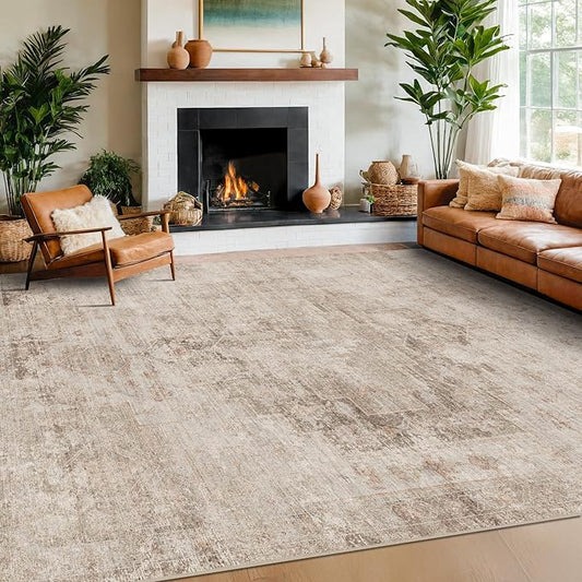 Farmhouse Area Rugs for Living Room - 8x10 Washable Modern Abstract Rug for Bedroom, Dining Room Under Table, Home Office, Soft Washable & Stain Resistance (Beige & Peach)