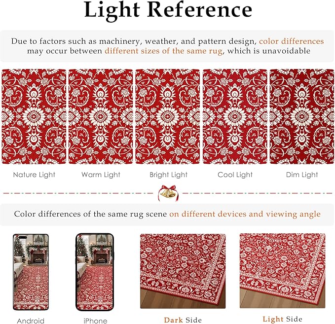 HUGEAR Christmas 2x6 Runner Rug Machine Washable Red Hallway Area Rugs Indoor Accent Rugs Floral Low Pile Carpet Distressed Throw Rug Bedroom Living Room Office Dining Kitchen Laundry Non Slip