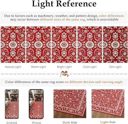 HUGEAR Christmas 5x7 Machine Washable Rugs Red Hallway Area Rug Indoor Accent Rug Floral Low Pile Carpet Soft Throw Aesthetic Rug Bedroom Living Room Office Dining Room Kitchen Laundry Room Non Slip