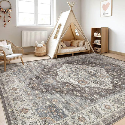 9x12 Area Rug Living Room: Washable Boho Large Neutral Vintage Soft Rugs Stain Resistant Farmhouse Non-Slip Indoor Floor Carpet for Bedroom Nursery Kids Office Dining Room Playroom- Grey Brown