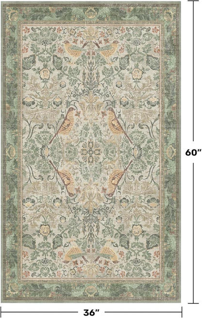 Boho Large Entryway Rugs Indoor - Sage Green 3x5 Washable Rugs for Kitchen Bedroom Beside Bed Laundry Room Door Mat Indoor Entrance with Light Green Woodland Flowers, Non Slip Stain Resistant Low Pile