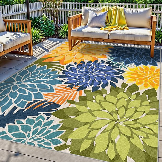 Colorful 9x12 Outdoor Area Rug Washable Multicolored Patio Rug Tropical Botanical Floral Chenille Waterproof Outdoor Carpet Non-Slip for Deck, Backyard, Porch, Green