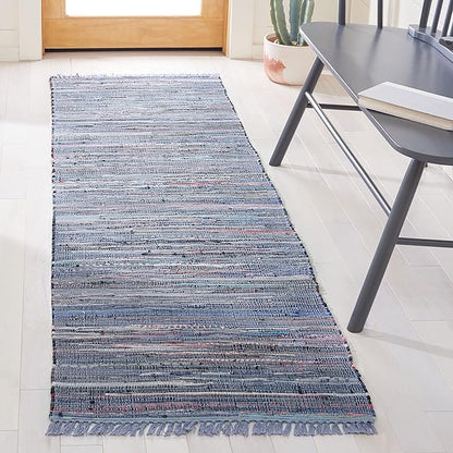 SAFAVIEH Rag Rug Collection Runner Rug - 2'3" x 8', Purple & Multi, Handmade Boho Stripe Cotton, Ideal for High Traffic Areas in Living Room, Bedroom (RAR121D)