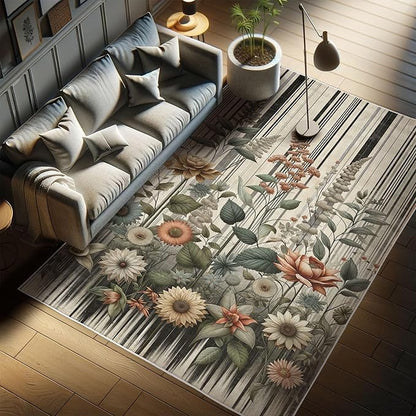 Ambesonne Botanical Decorative Rug, Nostalgic Garden Pattern with Flowers and Leaves on Retro Stripes, Quality Carpet for Bedroom Dorm and Living Room, 5' 1" X 7' 5", Sage Green and Salmon