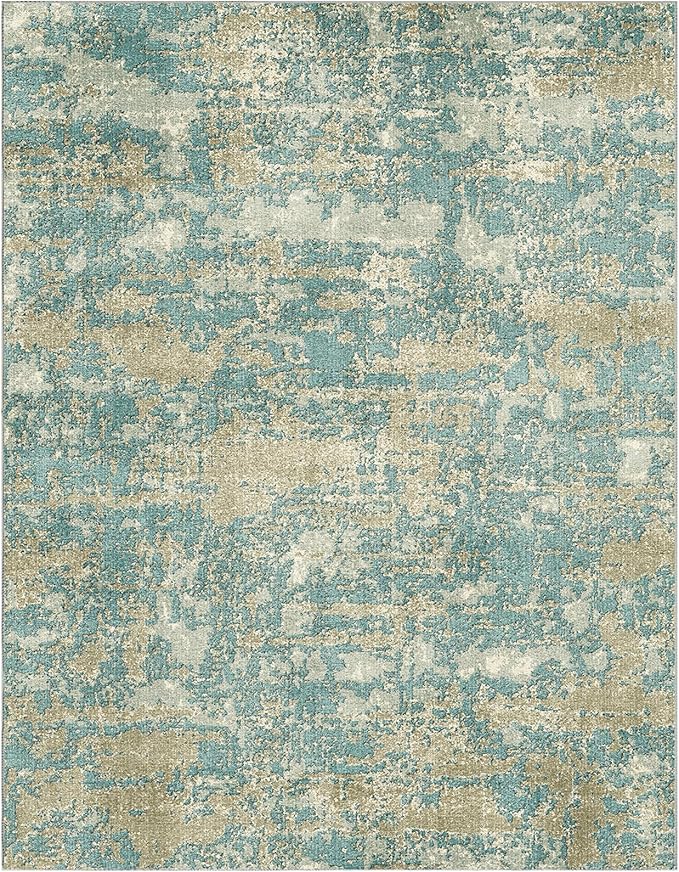 WITSHOCK Living Room Area Rugs 7x9：Modern Abstract Machine Washable Large Rug for Bedroom Dining Room Non-Slip Stain Resistant Home Office Decor,Teal Brown