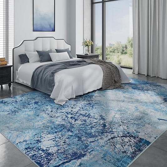 Arbosofe Modern Abstract Rug for Living Room, 6'x9' Washable Area Rug with Non-Slip Backing & Short Pile, Large Carpet with Abstract Pattern for Living Room Bedroom and Dining Floor Carpet Blue