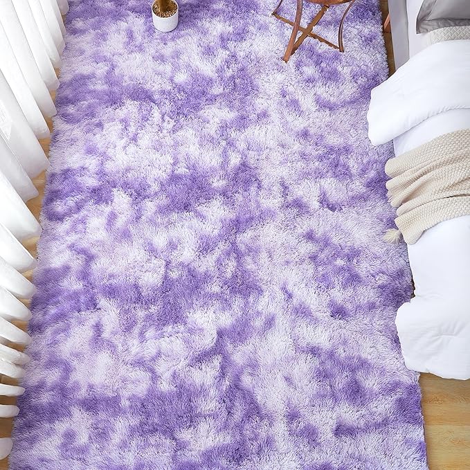 Andency 6x9 Area Rugs, Large Shag Fluffy Soft Shaggy Rugs for Living Room Bedroom, Non-Slip Tie-Dyed Purple Thick Plush Carpet for Kids Girls and Boys, Dorm Nursery Home Decor Aesthetic