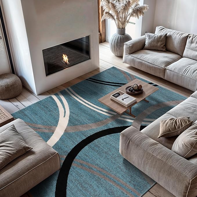 Rugshop Modern Wavy Circles Design Area Rug, Fade-Resistant Carpet Alfombras, Perfect for Bedroom, Dining Room and Living Room, Blue, 8'8" x 12'