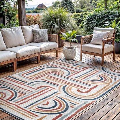 CAMILSON Indoor Outdoor Rug, Multicolor 5x7 Geometric Arch Striped Area Rugs for Patio and Home Areas, Easy-Cleaning Non-Shedding Living Room, Garden and Deck Washable Outside Carpet (5 x 7)