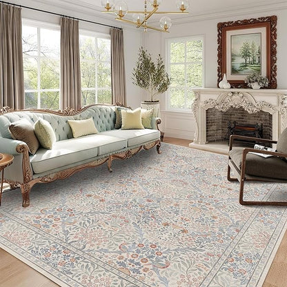5x7 Floral Washable Area Rugs for Living Room, Vintage Boho Large Rug for Bedroom Dining Room, Distressed Botanical Birds Non Slip Low Pile Forest Animal Throw Carpet for Farmhouse Office, Beige Blue