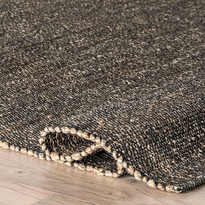 nuLOOM 9x12 Elfriede Jute & Cotton Hand Woven Area Rug, Charcoal, Solid Rustic Farmhouse Style, Weaved Design, Natural Fiber, For Bedroom, Living Room, Dining Room, Hallway, Office, Entryway