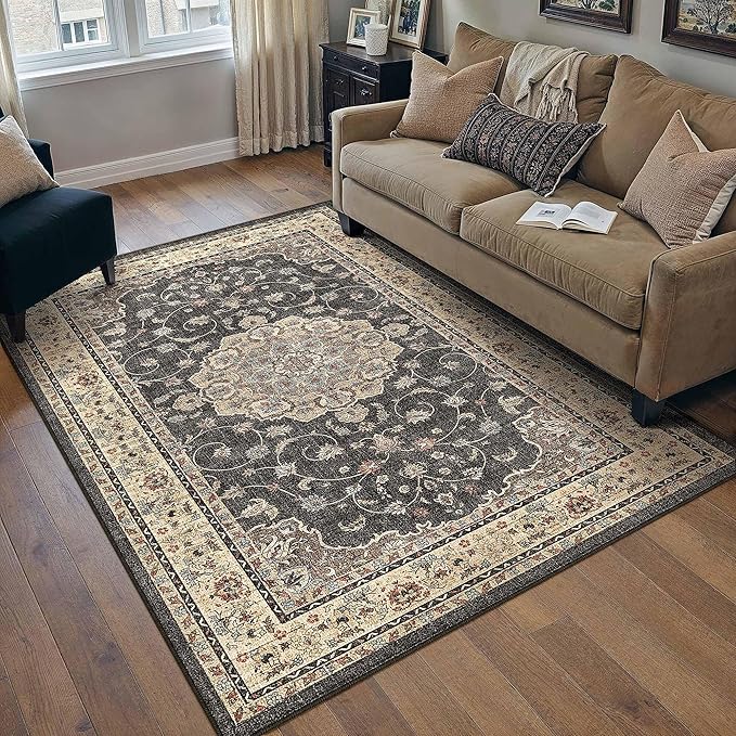 HUGEAR Machine Washable Area Rugs 5x7 Vintage Black Living Room Bedroom Rug Neutral Style Non Slip Stain Resistant Low Pile Throw Carpet for Home Retro Aesthetic Modern Decor