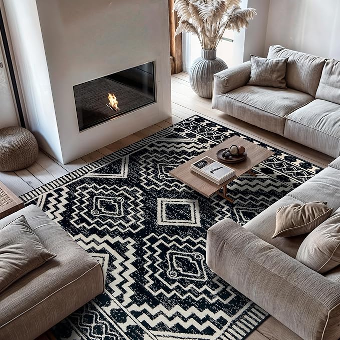 Rugshop Southwestern Black and White Tribal Area Rug – Geometric Diamond Pattern Carpet for Living Room, Bedroom, or Entryway – Boho Rustic Soft Floor Decor 7' 10" x 10' Black