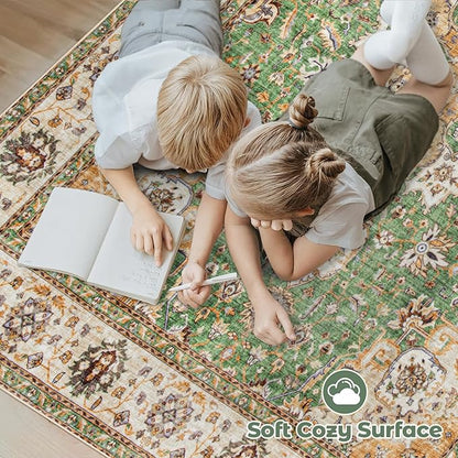 Area Rug 5x7 Washable Rug, Vintage Boho Medallion Rugs Non-Slip Soft Low Pile Large Distressed Rug Indoor Retro Carpet for Living Room Bedroom Dining Room Home Office (Vintage Green, 5'x7')