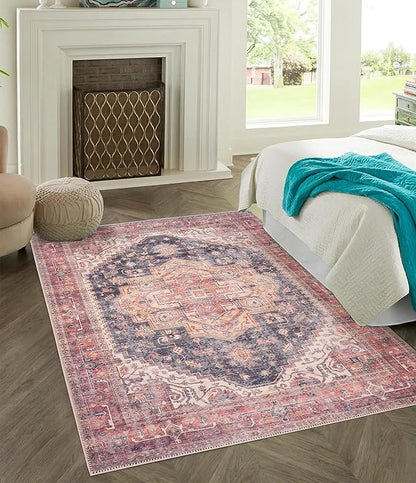 GLN Rugs Traditional Collection - Machine Washable Area Rug, Traditional Washable, Non Slip, Low Pile Chenille Rug, Living Room, Bedroom, Kitchen Rug (3' x 5' Black/Terra)