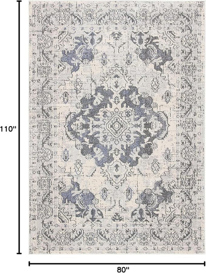 SAFAVIEH Monaco Collection Area Rug - 6'7" x 9'2", Ivory & Grey, Boho Chic Medallion Distressed Design, Non-Shedding & Easy Care, Ideal for High Traffic Areas in Living Room, Bedroom (MNC243B)