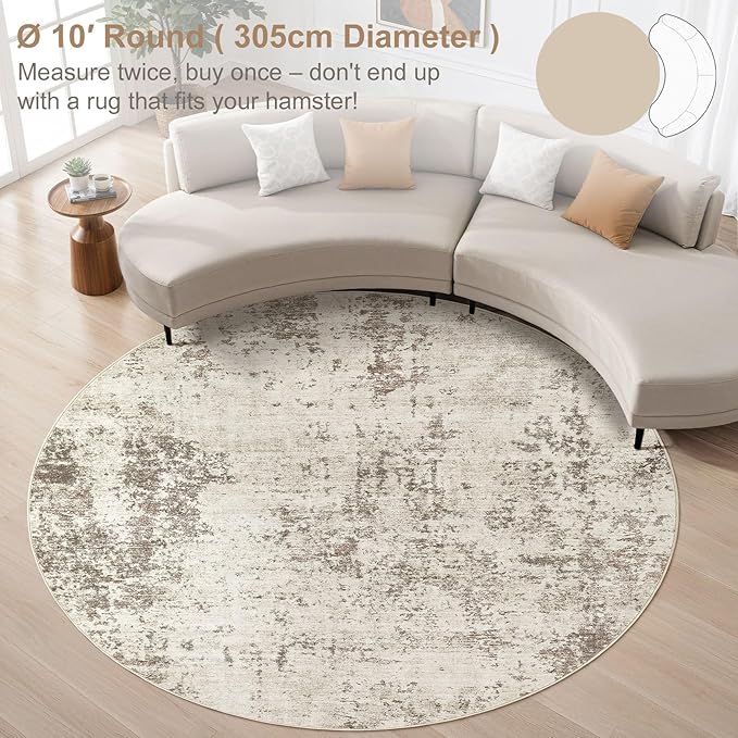 10ft Round Area Rug Living Room Rugs - 10x10 Washable Large Neutral Modern Abstract Soft Thin Rug Indoor Floor No Slip Rug Carpet for Bedroom Under Dining Table Home Office Decor - Golden Grey