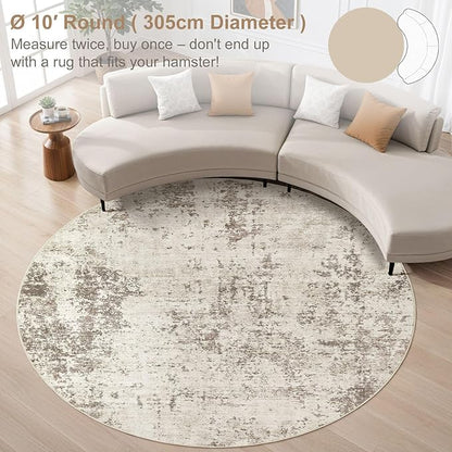 10ft Round Area Rug Living Room Rugs - 10x10 Washable Large Neutral Modern Abstract Soft Thin Rug Indoor Floor No Slip Rug Carpet for Bedroom Under Dining Table Home Office Decor - Golden Grey