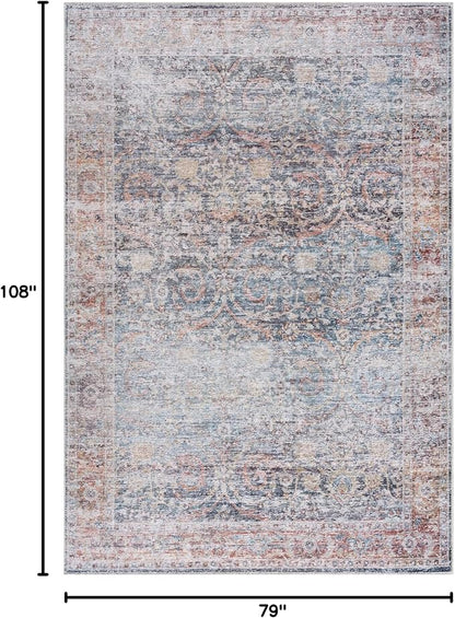 Bloom Rugs Caria Washable Non-Slip 6x9 Rug - Ocean Blue/Brick Traditional Area Rug for Living Room, Bedroom, Dining Room, and Kitchen - Exact Size: 6' x 9'