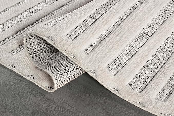 CAMILSON Modern Rug 6x9 Luxury Striped Line Micro Loop Area Rugs Soft High-Low Pile Stain Resistant Easy to Clean Non-Shedding Durable Living Room Bedroom Indoor Carpet (White)