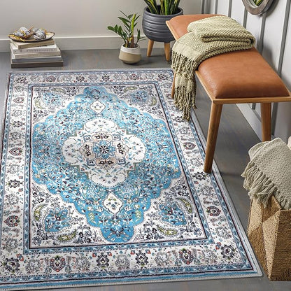 COMSLE Area Rug 3x5 Faux Wool Rugs for Kitchen, Boho Washable Throw Rugs Non-Slip Distressed Carpet Soft Accent Floor Rug for Bedroom, Living Room, Laundry Room (Light Blue)