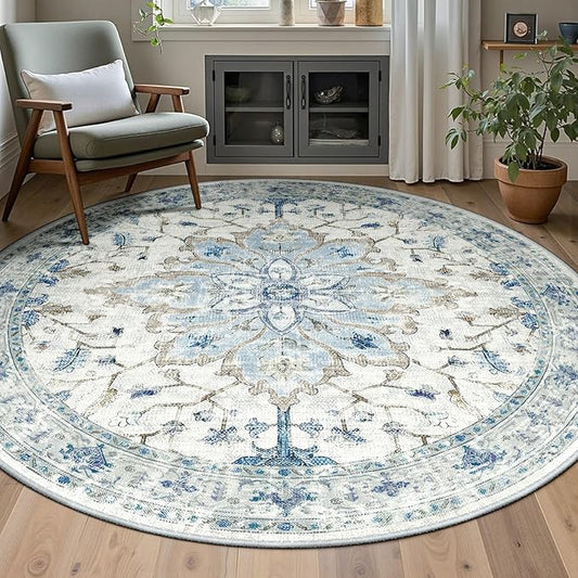 Area Rugs 5ft Washable Non-Slip, Floral Vintage Distress Print Pattern Medallion Carpet for Living Room Bedroom Dining Room, Light Blue Navy Beige Gray White