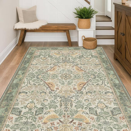 Washable Area Rugs 5x8 for Bedroom - Western Plant Rugs for Living Room, Dinning Room, Home Office, Playroom with Boho Light Green Botanical & Bird Pattern, Non Slip Stain Resistant Low Pile