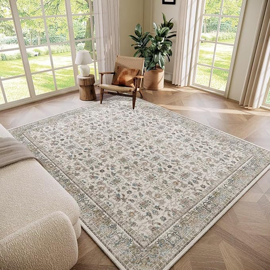 Washable 5x7 Area Rugs for Living Room, BoHo Non-slip Vintage Distress Rugs for Bedroom Dining Room Nursery Office, 0.3" Neutral Oriental Throw Thin Carpet with Cushioning Pad, Cream/blue/Orange/Multi