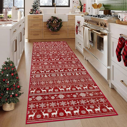 Christmas Runner Rug 2x6 Washable Rugs, Boho Christmas Tree Snowflake Rug Non-Slip Soft Low Pile Non Shedding Indoor Holiday Decor Carpet for Bedroom Bathroom Laundry Staircase Foyer (Xmas Red, 2'x6')